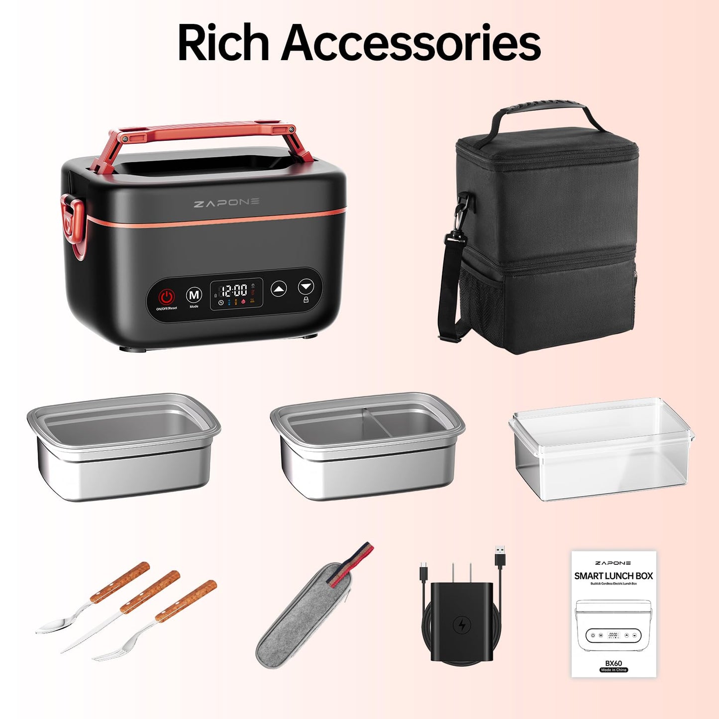 Zapone 2X1.2L Cordless Electric Lunch Box For Adults,6x4000mAh Rechargeable lunch box Upgared 100W 5D Surround Heat Tech,Food Warmer 220°F Max,with Dual Insulated Bag,BPA Free,Brown