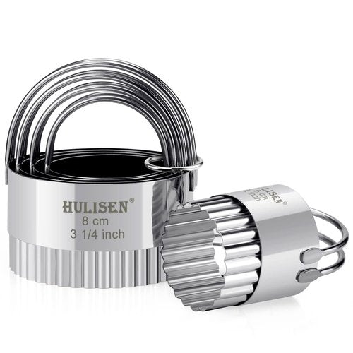 HULISEN Biscuit Cutter Set (5 Pieces/Set), Stainless Steel Round Biscuit Cutters with Handle, Wave Cookies Cutter with Fluted Edge, Professional Baking Dough Tools, Gift Package (Wave)