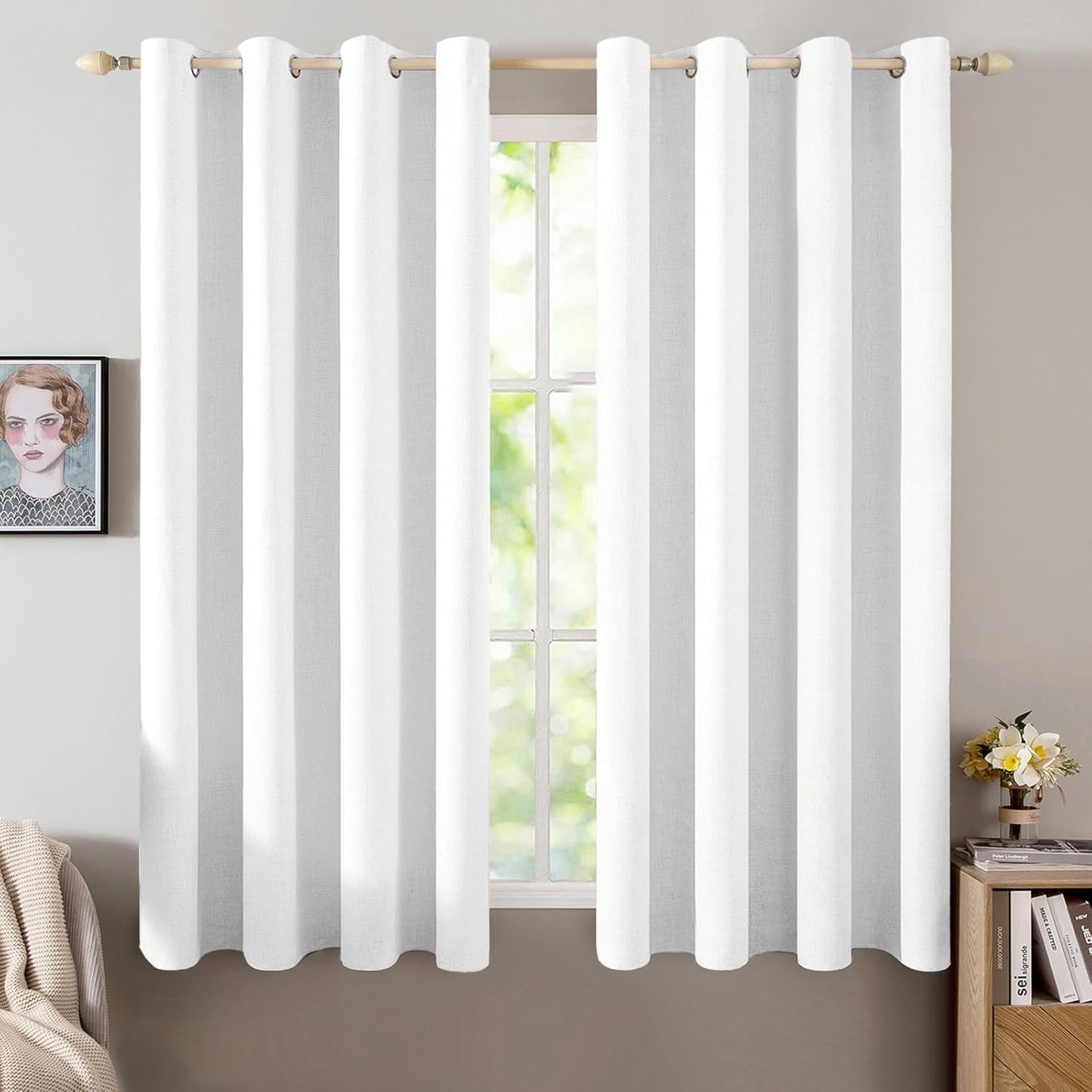 MIULEE Blackout Curtains - 100% Thermal Insulated Linen Textured Drapes | Bright White, 52 x 63 Inch (2 Panels)