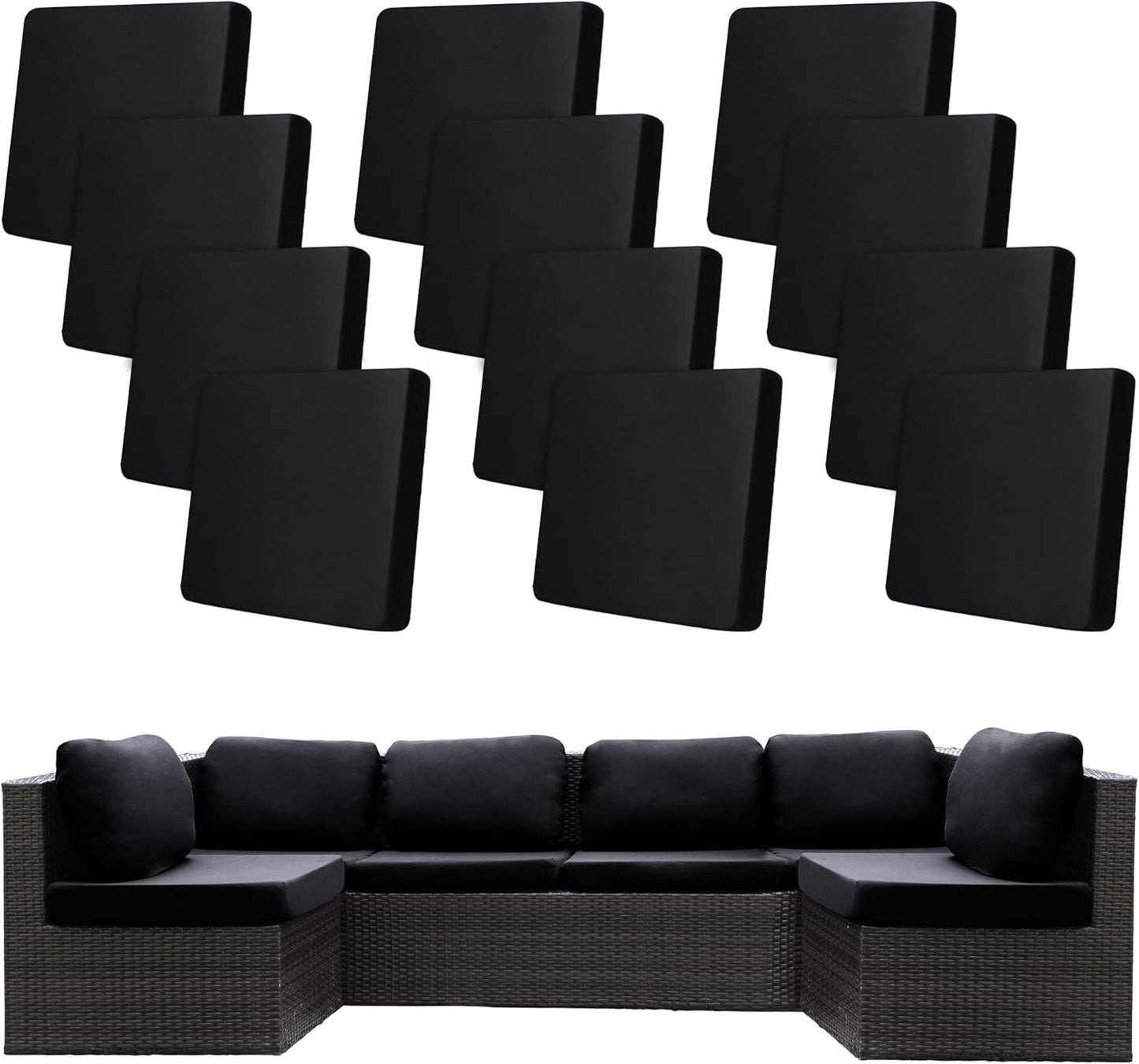 Skiennix 12 Pcs Stretch Patio Cushion Covers - Washable Outdoor Sofa Slipcovers | Black, Cover Only