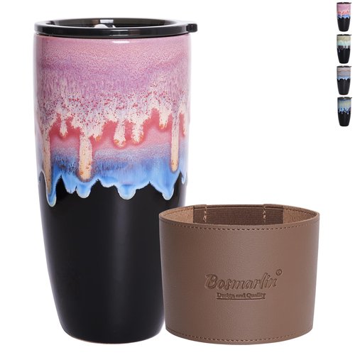 Bosmarlin Ceramic Travel Coffee Mug with Lid, 21 oz, Portable Coffee Cup for Car Cup Holder, Microwave and Dishwasher Safe, Reactive Glaze