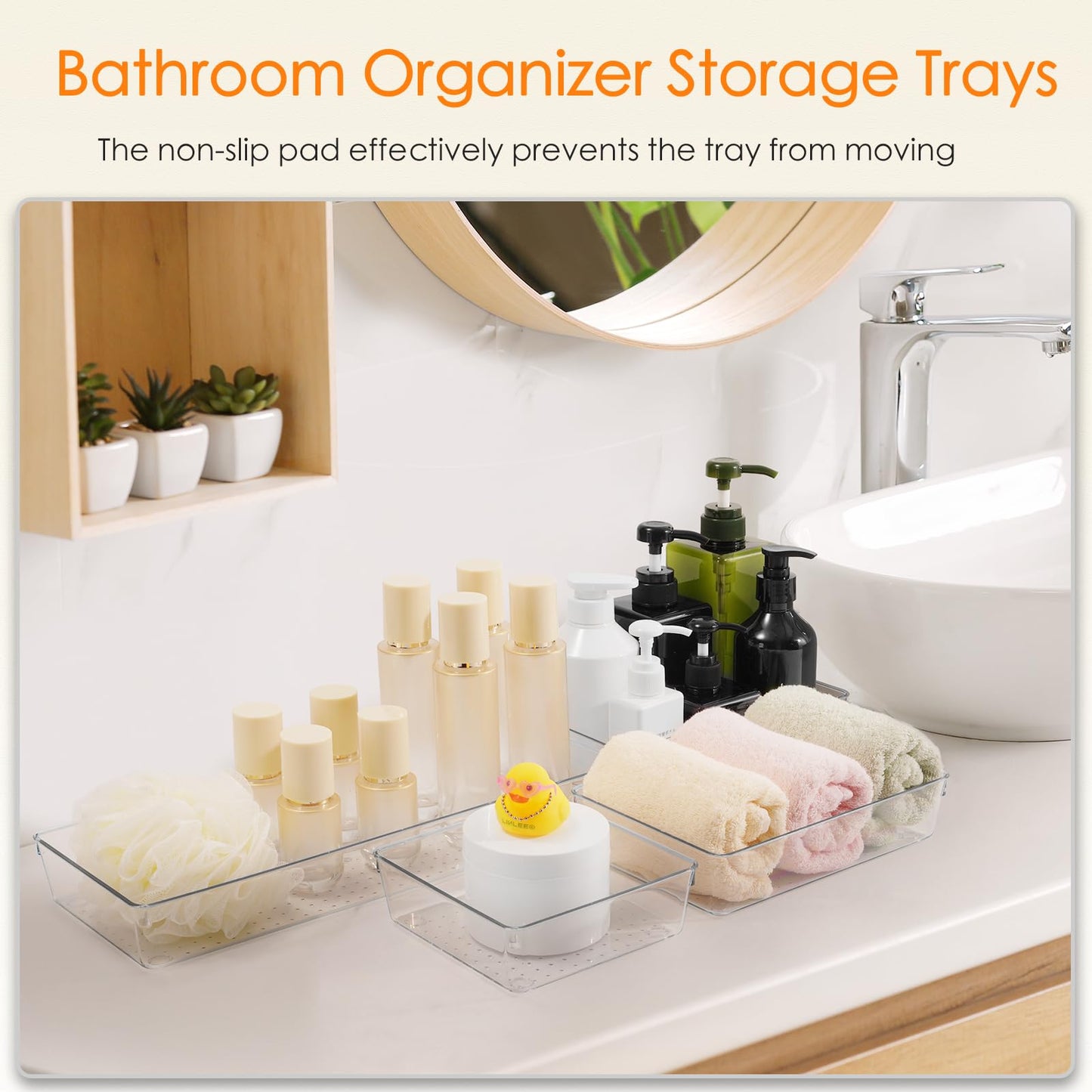 Criusia Clear Drawer Organizer 7 PCS - 5 Size Plastic Versatile Kitchen and Bathroom Organizer Trays, Non-Slip Storage Bins for Makeup, Utensils, Tool and Office Desk