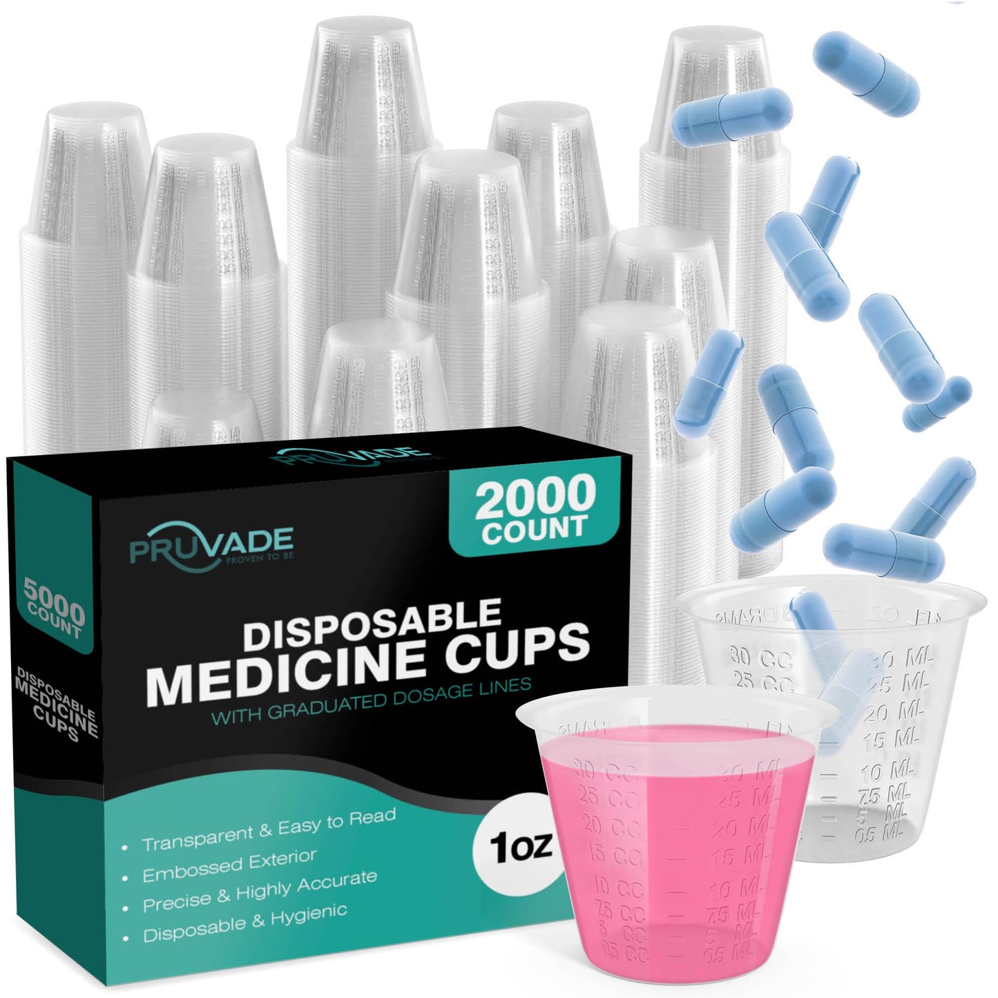 [2000 Pack - 1 oz.] Pruvade Disposable Medicine Cups with Graduated Dosage Lines for Pills or Liquid, Single Serve Measuring for Home, Nurse, Hospital, Medical Care, Resin Mixing, Mouthwash |2000 Pack