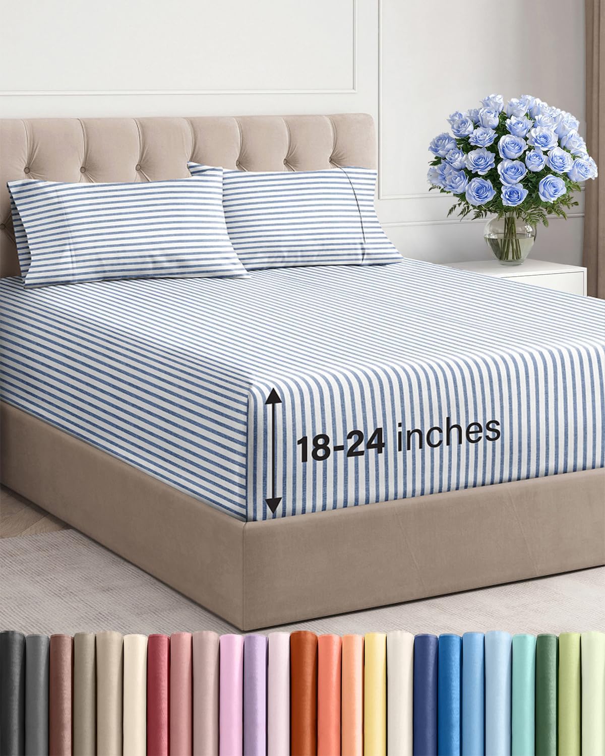 Skiennix Extra Deep Twin Sheet Set - 4-Piece Breathable Cooling Bedding - Soft, Wrinkle-Free Blue Stripes
