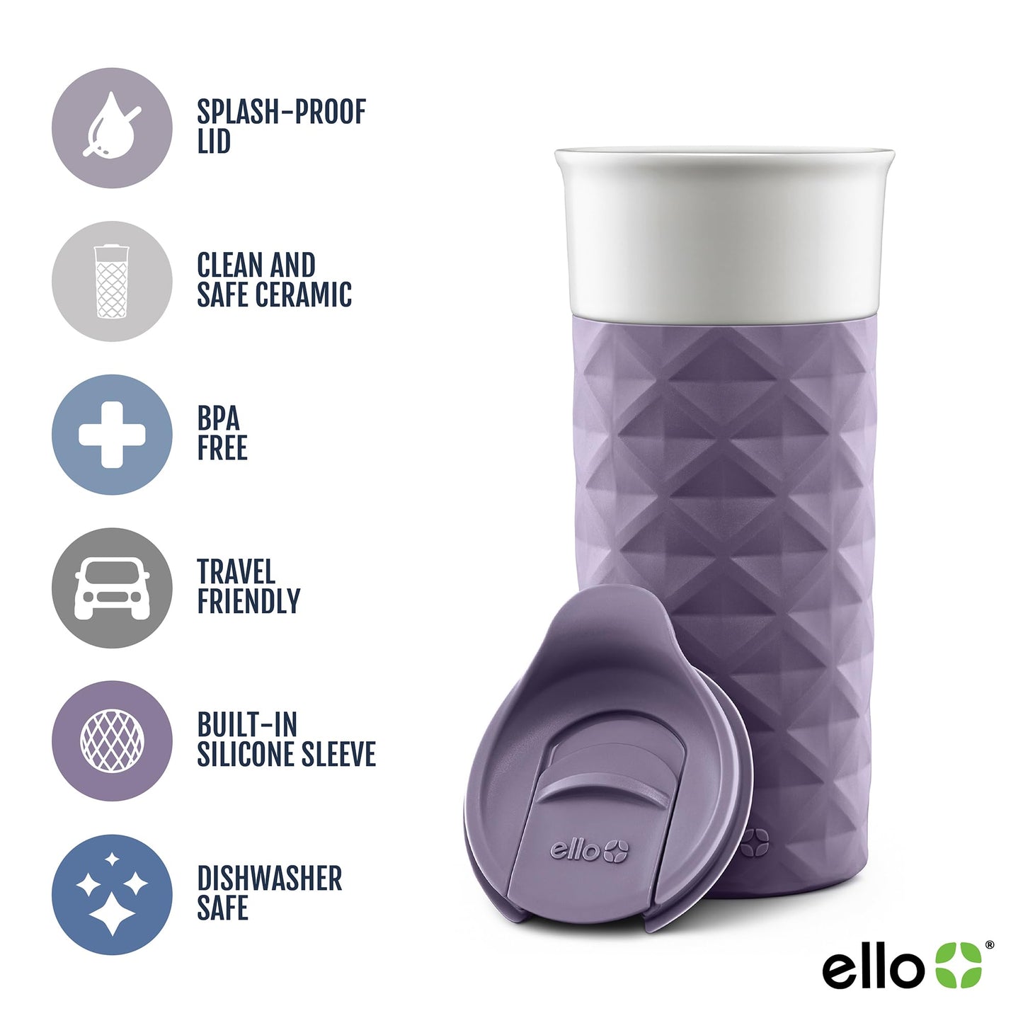 Ello Ogden 16oz Ceramic Travel Mug with Splash-Resistant Slider Lid and Protective Silicone Sleeve, Perfect for Coffee or Tea, BPA-Free, Dishwasher Safe