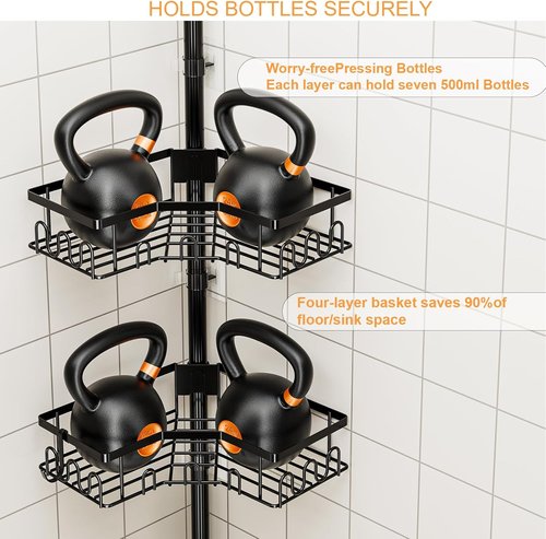 Corner Shower Caddy Tension Pole | 4-Tier Adjustable Bathtub Organizer - Space-Saving Black Design, 34in-120in