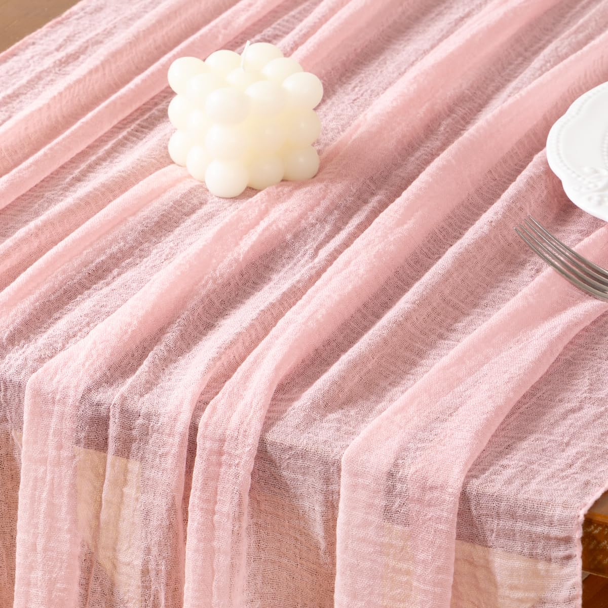 Socomi Pink Gauze Summer Cheesecloth Table Runner Blush 120 Inch Rustic Boho Cheese Cloth Runner for Wedding Party Baby Bridal Shower Centerpiece Decor Holiday Home Decorations