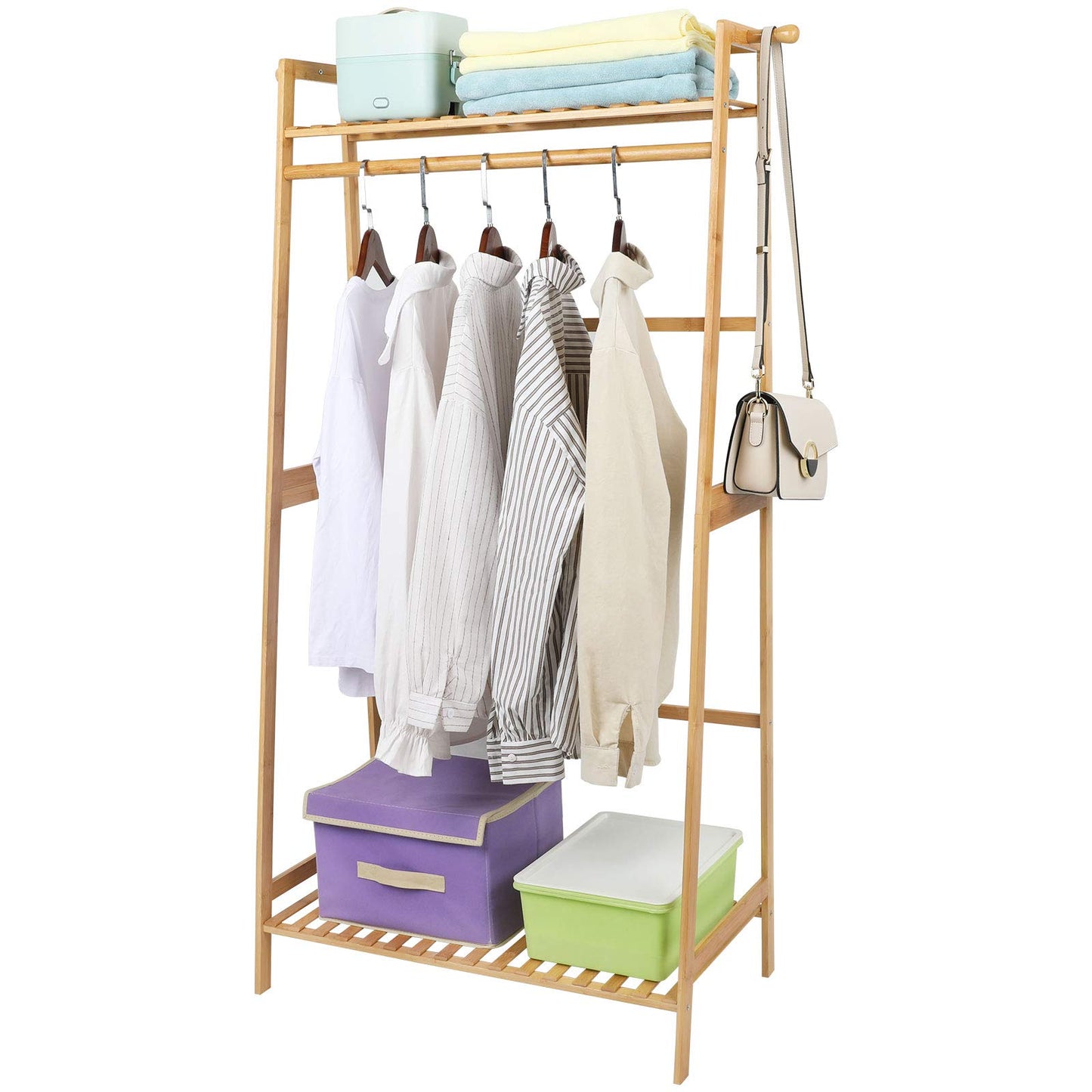 Ufine Bamboo Clothes Hanging Rack with 2 Tier Storage Shelves and 2 Coat Hooks Portable Laundry Rack Cloest Organizer Garment Rack for Bedroom Guest Room