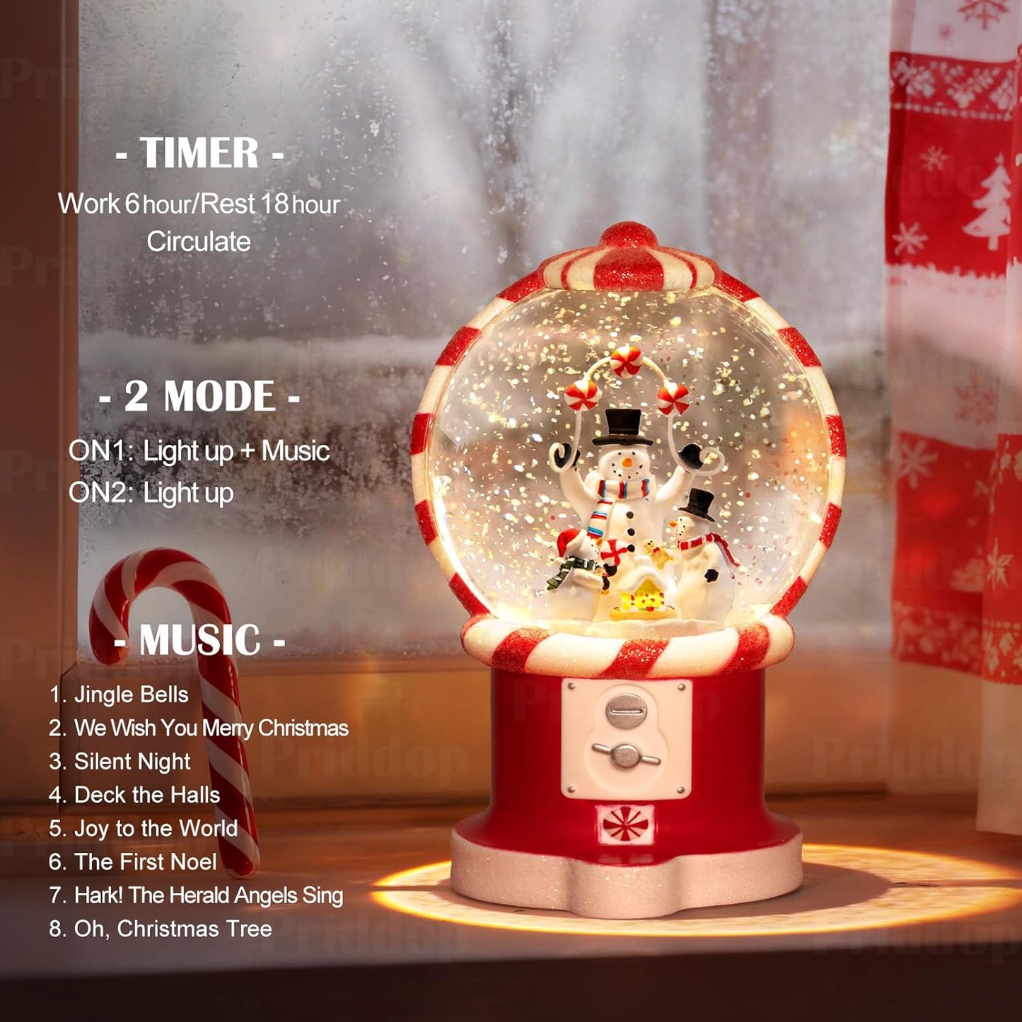 Priddop Snowman Snow Globe | Musical Glitter Christmas Decoration - 7.8 Inch USB/Battery Timer