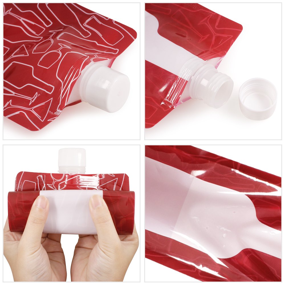 SENAI 4-Pack Foldable Flask Holder, Reusable 750ml Plastic Pouch, Portable Leak-Proof, Perfect for Liquor, Travel, Gift - Red
