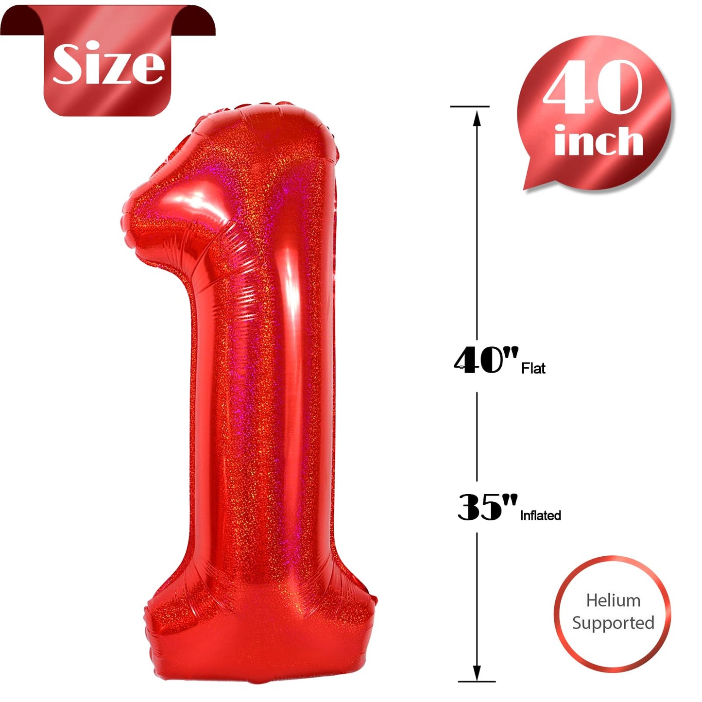 40 Inch Laser Red 1 Balloon for First Birthday, 1st Number Balloons Birthday Decorations for Girl Kids Toddler Baby, One Giant Number 1 Balloon