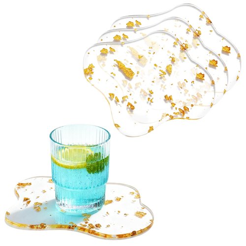 Gold Coasters Set of 4 Acrylic Decorative Plates Coffee Cup Coaster for Home, Bar Party, and Festival Office Desk Accessories(Clear Cloud Shape)