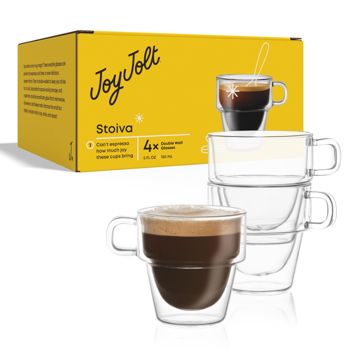 JoyJolt Stoiva Double Wall Insulated Espresso Glass Cups – 5 oz. (150 ml) Shot Cup with Handle – Stackable Thermal Clear Glass Cups, Fit for Espresso Machine and Coffee Maker – Set of 4