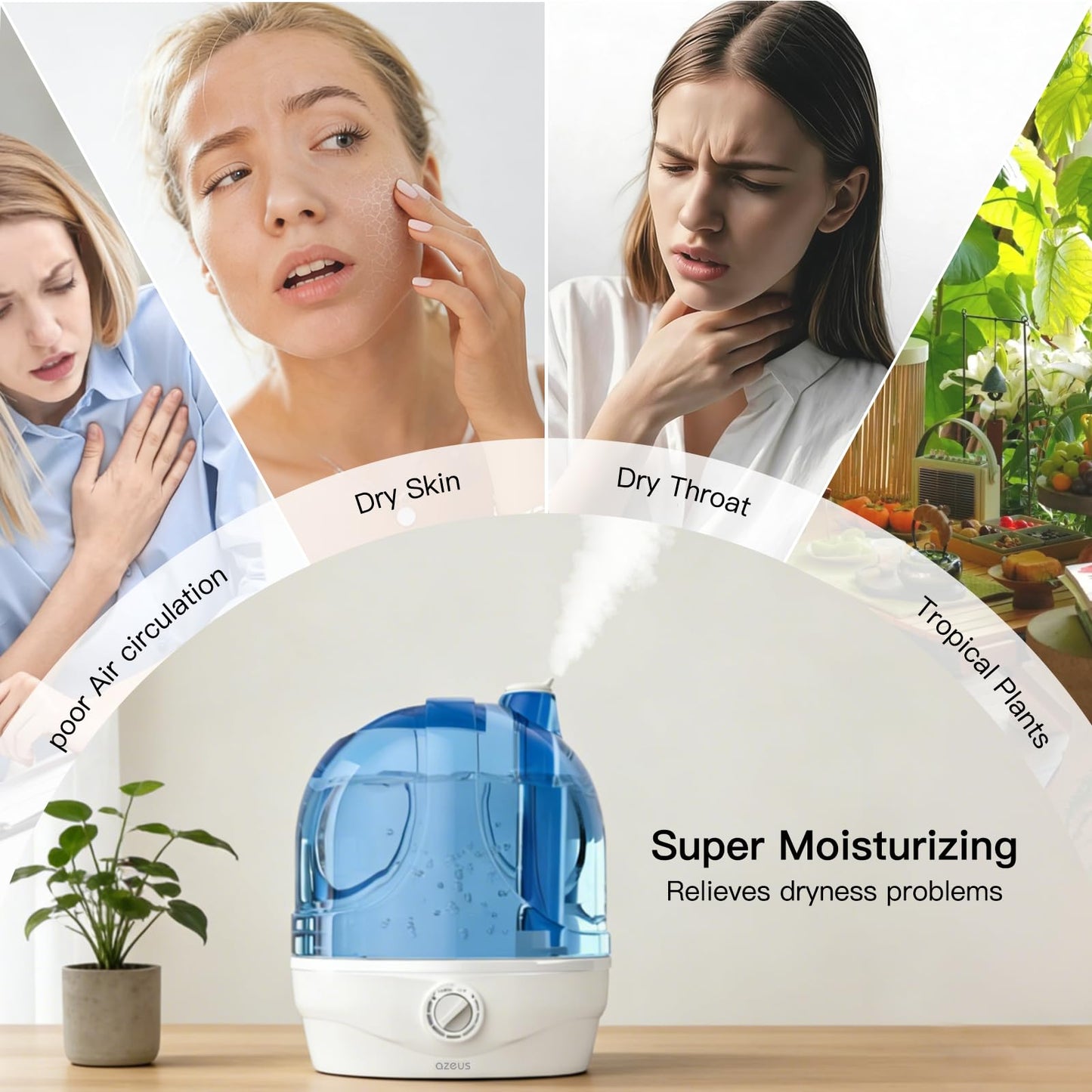 AZEUS Humidifiers, 2.8L Ultrasonic Cool Mist Humidifier for Large Room Babies Office, Quiet Humidifiers with Microporous filters, Lasts up to 50 Hours, Auto Shut-Off (BPA-Free)