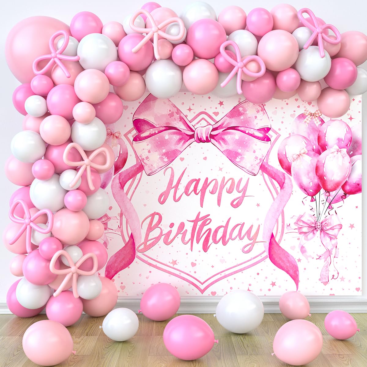 Jumpama 146Pcs Pink Bow Birthday Decorations Coquette Birthday Party Decorations Pink Bow Backdrop Coquette Banner and Balloons for Girls Women Baby Shower Bachelorette Party Supplies