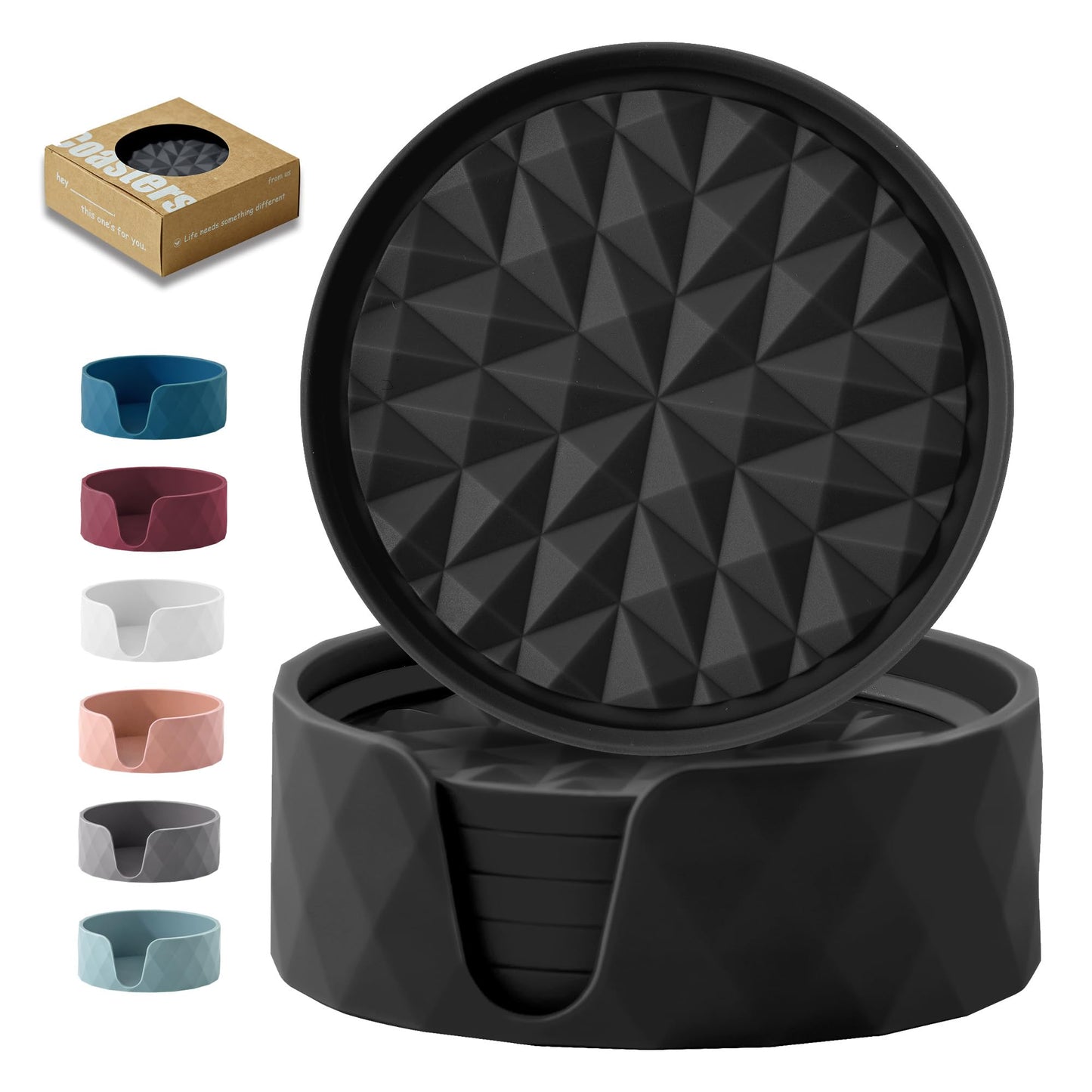 Wingcases Silicone Coasters for Drinks[6 Pack]- Cup Mat with Holder for Tabletop Protection-Non-Slip, Non-Stick, Coffee Table Decor, Great Gift for Any Occasion, Black