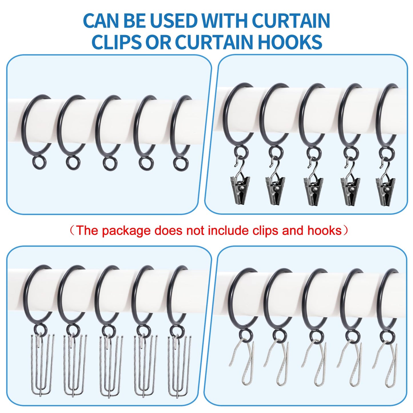 AMZSEVEN 44 Pack Curtain Rings with Eyelets, Metal Drapery Ring for Pinch Pleat Curtains, Drape Ring 1.5 Inch I D, Fits Up to 1.2 in Rod (Black)