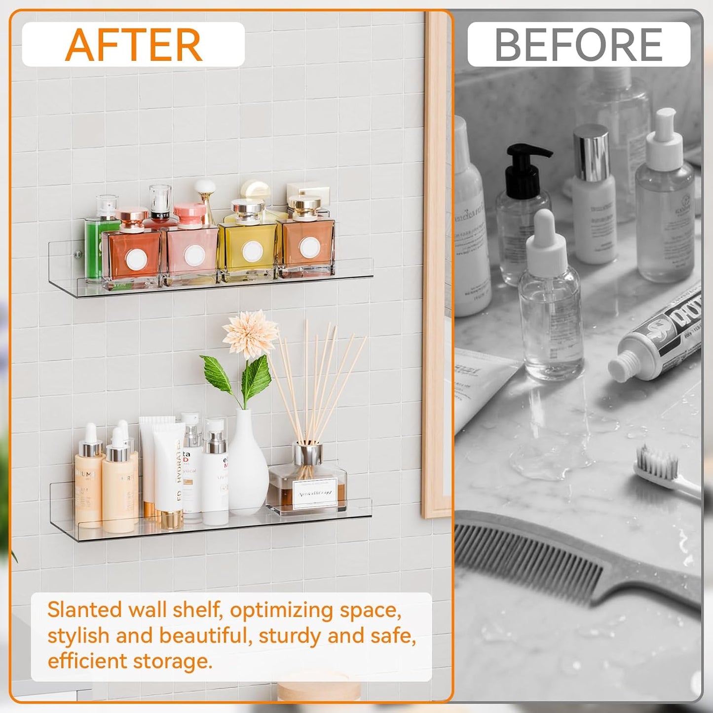 Skiennix 15-Inch Clear Acrylic Floating Shelves - No Drill, Renter-Friendly Wall Display for Bathroom & Kids Room