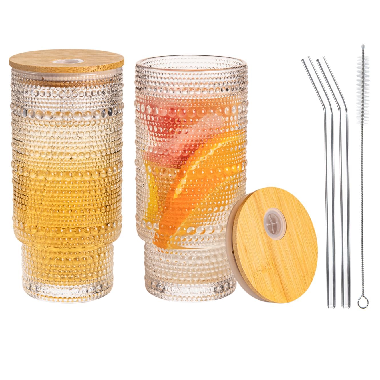 MRZIKPO Drinking Glasses with Bamboo Lids and Glass Straw 2pcs Set,16oz Glass Tumbler Cups,Water Glasses,Iced Coffee Glasses,iced Tea Glasses,Beer Glasses,Ideal for Whiskey,1 Brushes