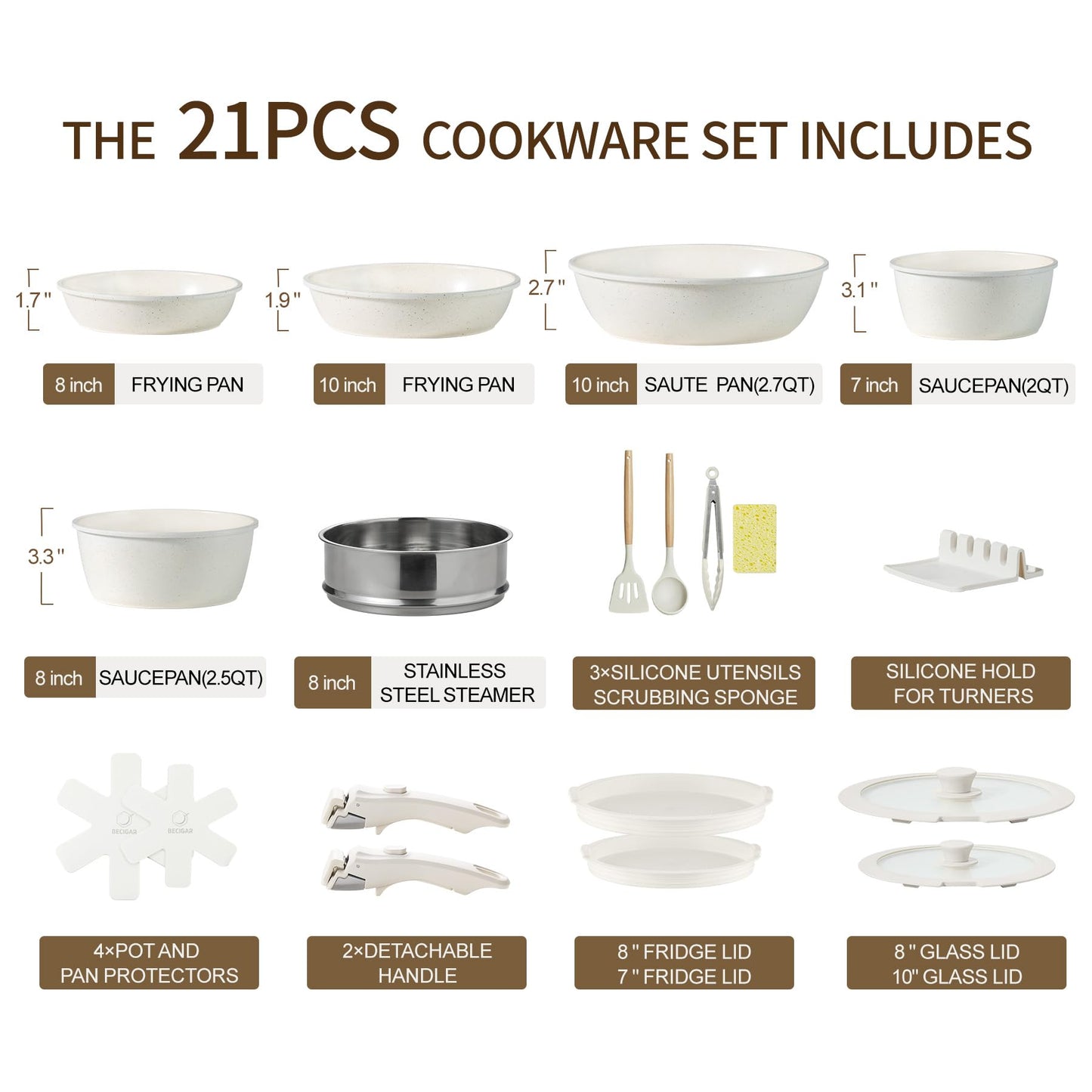 BECIGAR 21PCS Pots and Pans Set Ceramic, Pots and Pans Set Non Stick, Removable Handle, Stackable, Nonstick Cookware Set, Non Stick for Cooking