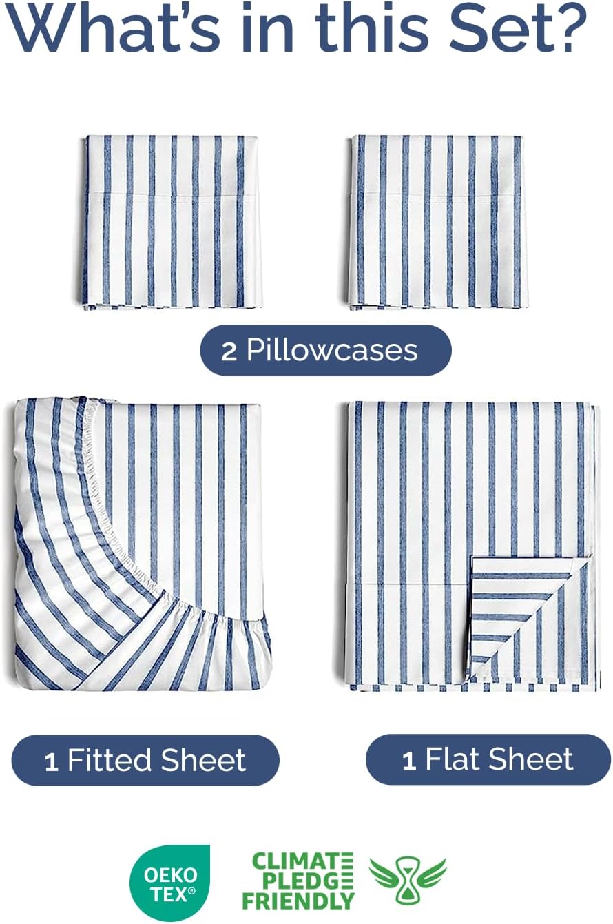 Skiennix Extra Deep Twin Sheet Set - 4-Piece Breathable Cooling Bedding - Soft, Wrinkle-Free Blue Stripes