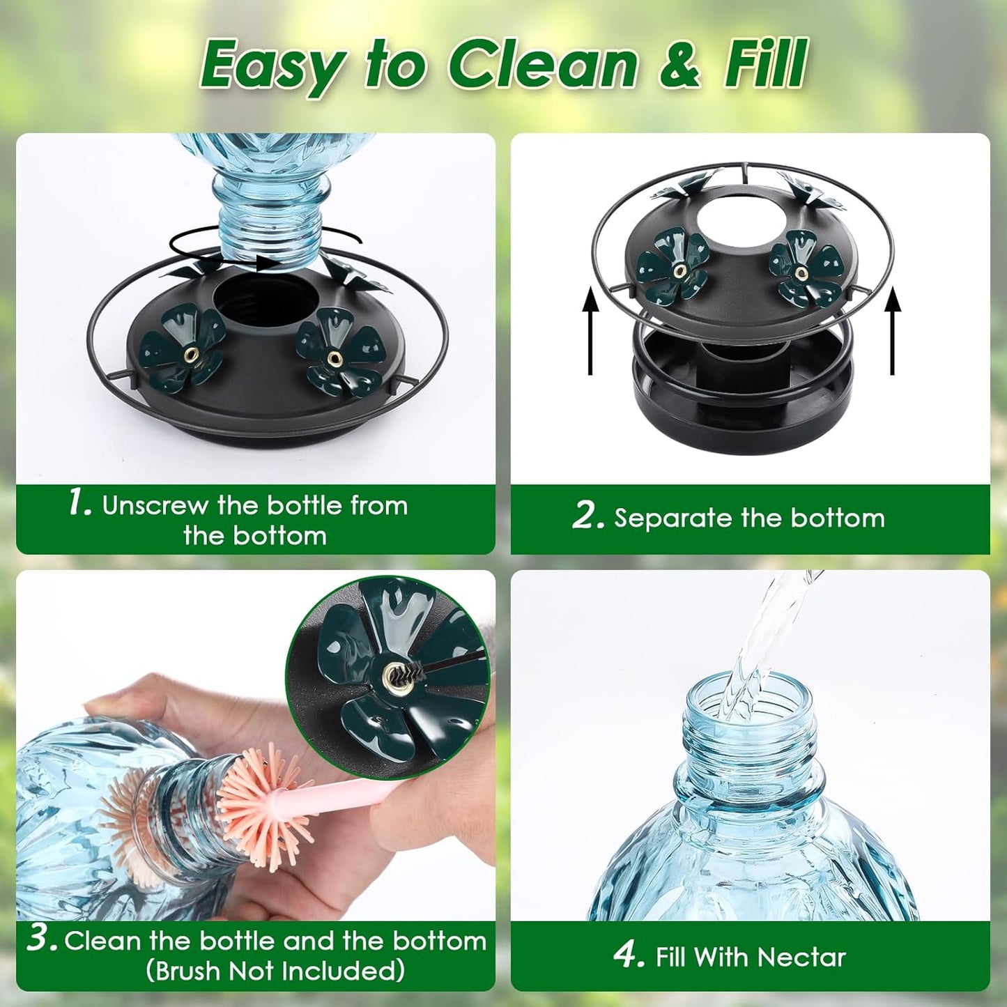 Skiennix Glass Hummingbird Feeder - 20oz Outdoor Nectar Feeder with Bee Guards & Ant Moat | Blue