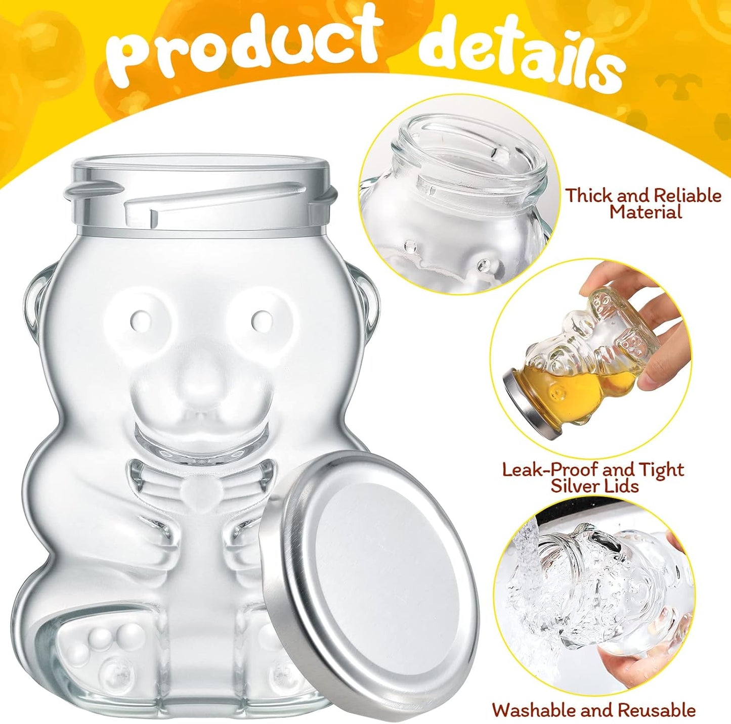 Patelai 24 Pack 6 oz Glass Honey Bear Jars with Silver Lids Reusable Small Honey Bear Shaped Glass Bottles Containers Dispenser for Candies, Birthday Wedding Party Favors