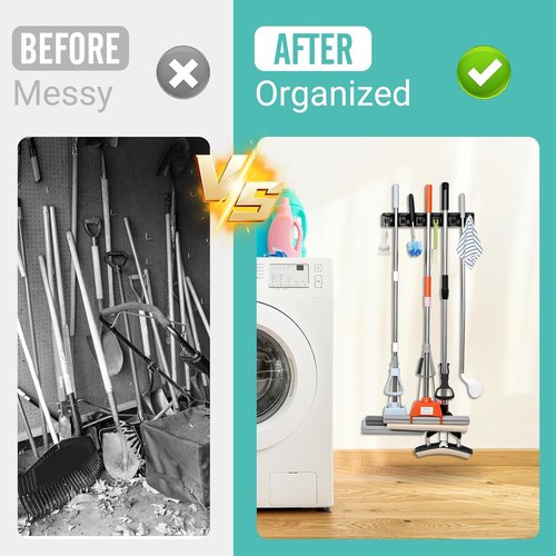 InPoTo Broom and Mop Holder - Wall Mounted Organizer with 5 Ball Slots & 6 Hooks | 2-Pack
