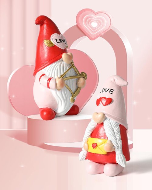 iStatue Valentine Gnomes - Adorable Set of 2 Resin Statues with Heart-Shaped Love & Cupid’s Arrow | Perfect Valentine's Day Decor & Gifts