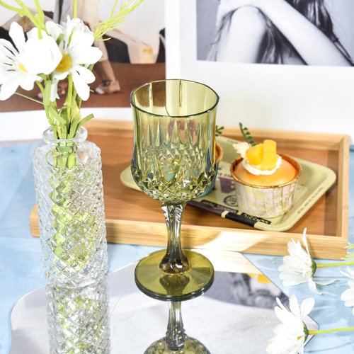 CHLJAR 24 Pcs Plastic Vintage Green Wine Drinking Glasses, 7oz Plastic Water Goblets Green Reusable Drinkware Vintage Unbreakable Champagne Glassware for Wedding Reception Grand Event Party