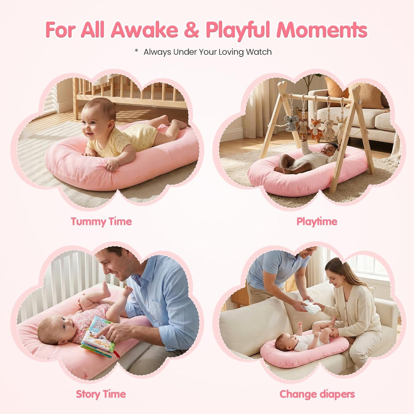 Skiennix Infant Support Cushion - Portable Baby Lounger & Tummy Time Mat, Soft Cotton, Waterproof (Pink)