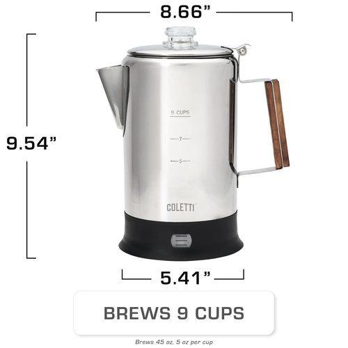 COLETTI Bozeman Electric Percolator — Percolator Coffee Pot, Coffee Percolator – [9 cup, Stainless Steel]
