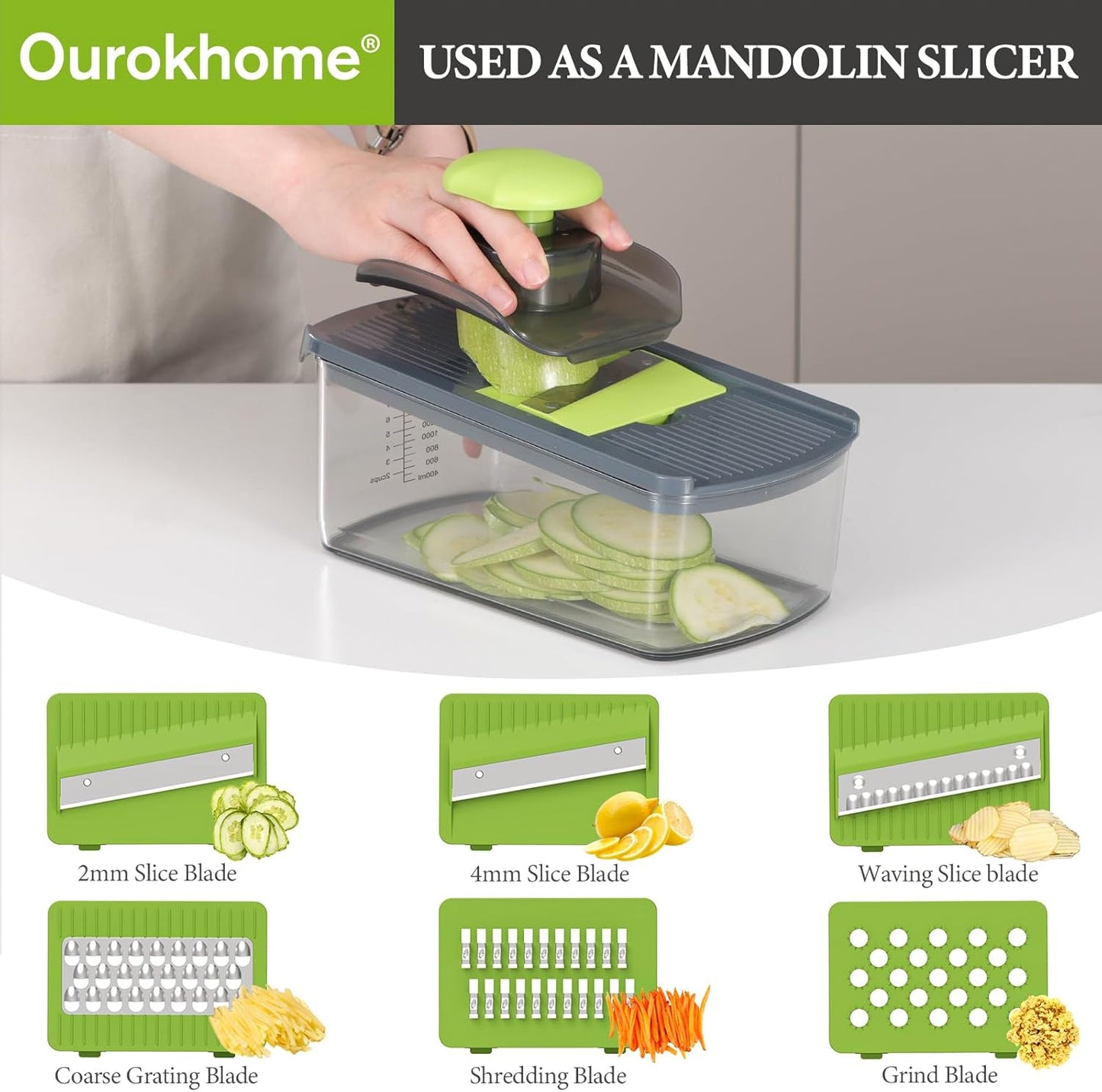 Ourokhome Veggie Chopper & Dicer - 12-in-1 Manual Food Mandolin Slicer for Zucchini, Potato & Onion - Gray