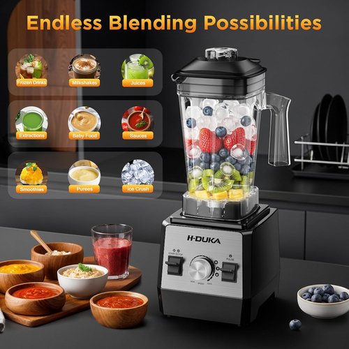 H-Duka Countertop Blender - Powerful 25,000 RPM Smoothie Maker with 64oz Pitcher | Self-Cleaning, Ice Crushing, Silver Black