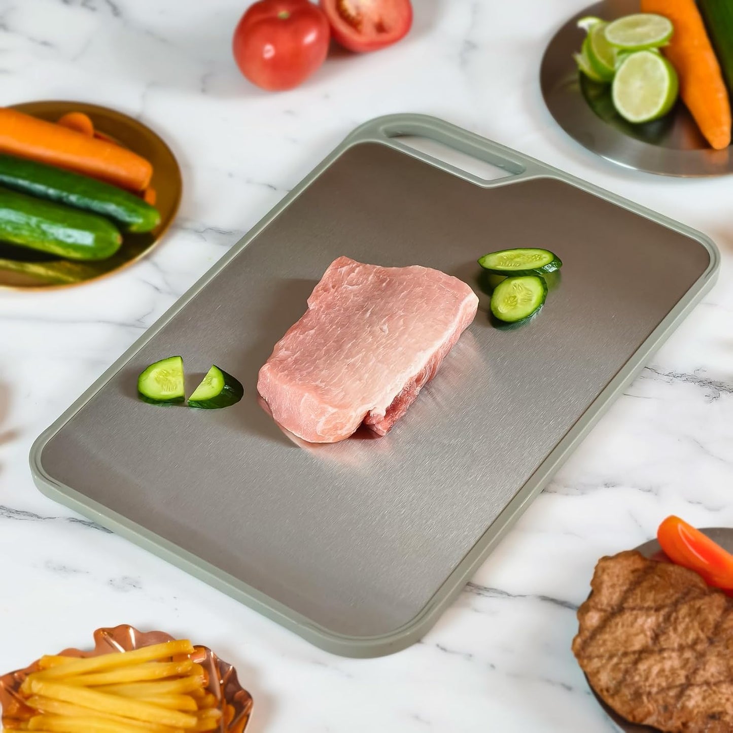 Skiennix Stainless Steel Cutting Board - Easy to Clean, Double-Sided, Large 13.4 x 9 Inch | Dishwasher Safe