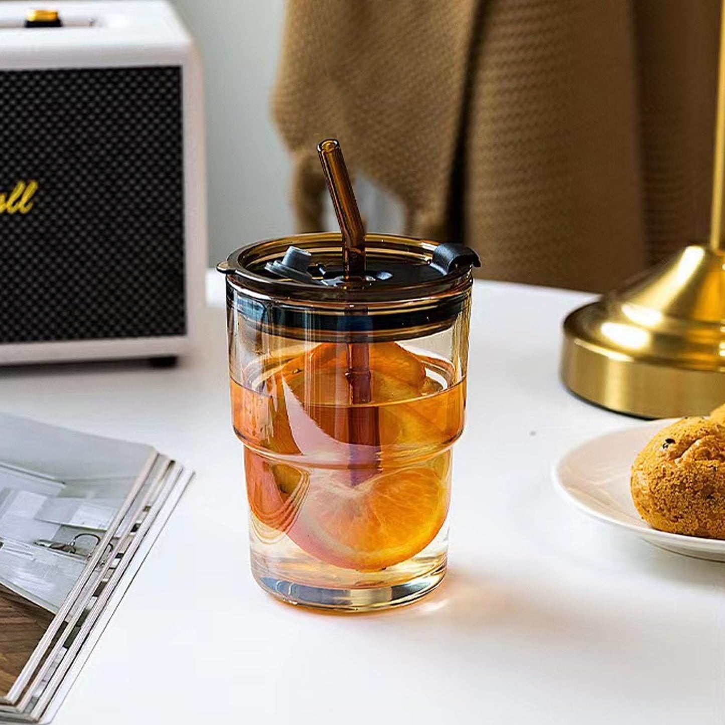LEKAYIHU 13oz/400ml Glass Tumbler with Straw and Lid, Iced Coffee Cups with Lids, Iced Tea, Thick Wall Insulated Glass Cup,Reusable Iced Coffee Cup (Amber)
