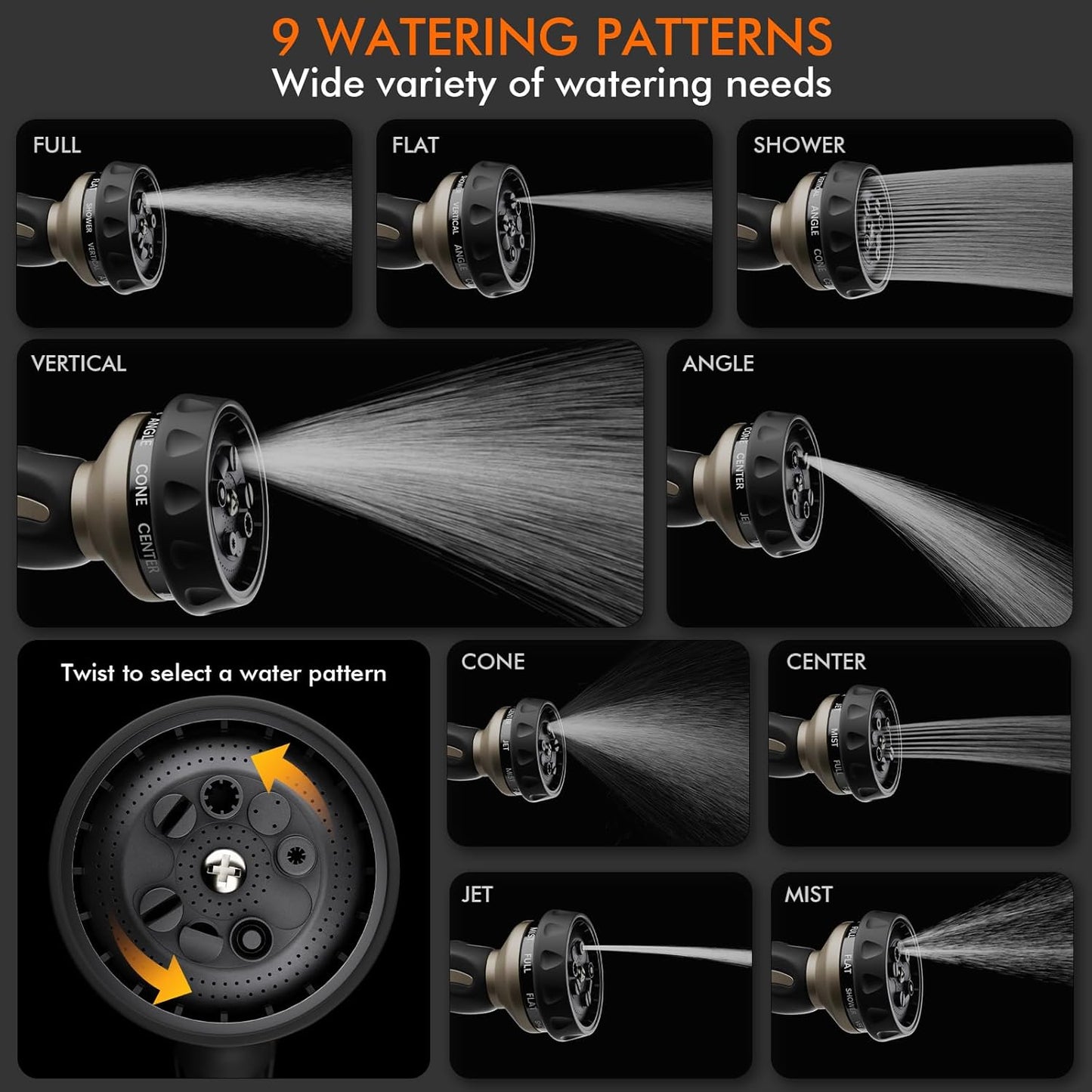 RESTMO Heavy Duty Hose Nozzle - Metal Water Sprayer with 9 Spray Patterns | High Pressure & Thumb Flow Control