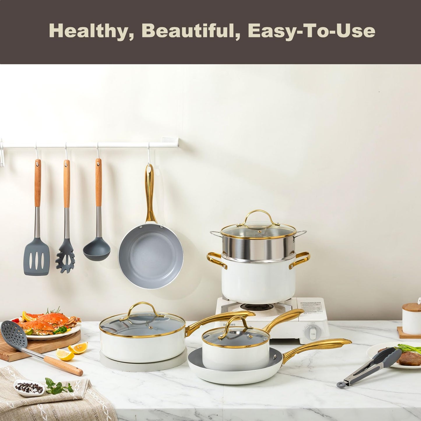 OUBRL ceramic cookware set,Healthy,Non Toxic,Pots and Pans Set non stick,14-Pcs Kitchen induction cooking Sets, nonstick Pot and Pan Set with silicione Utensils,PFOS/PFOA Free,Cream and Gold