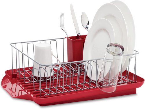 Farberware Classic Large Dish Rack - Rust Resistant with Removable Flatware Caddy & Angled Drain Board | Red 3-Piece Set