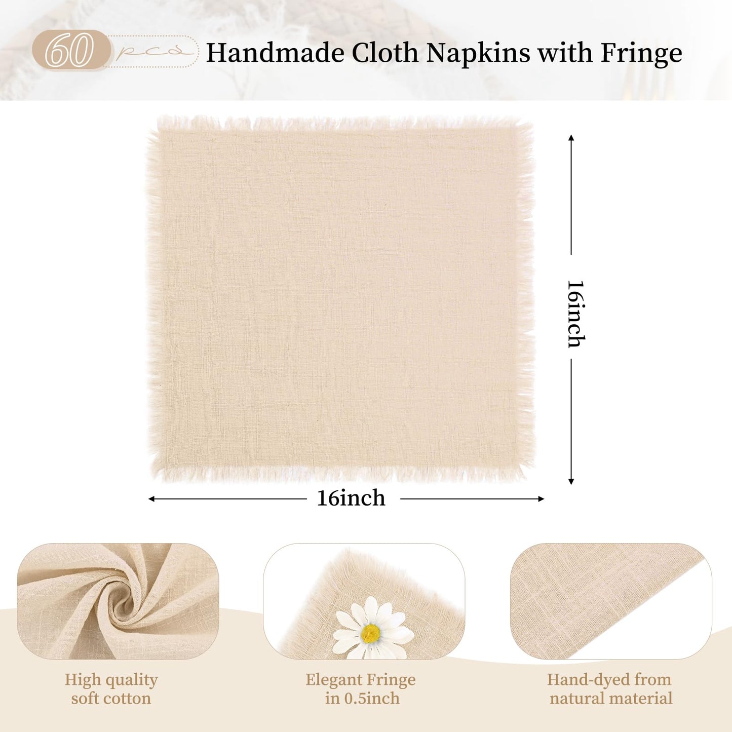 ABKLESACH 60 Pack Beige Cotton Linen Napkins 16 x 16 Inch Beige Napkins Cloth Handmade with Fringe Soft Cloth Napkins Washable Rustic Dinner Napkins Cloth for Wedding Party Dinner Table