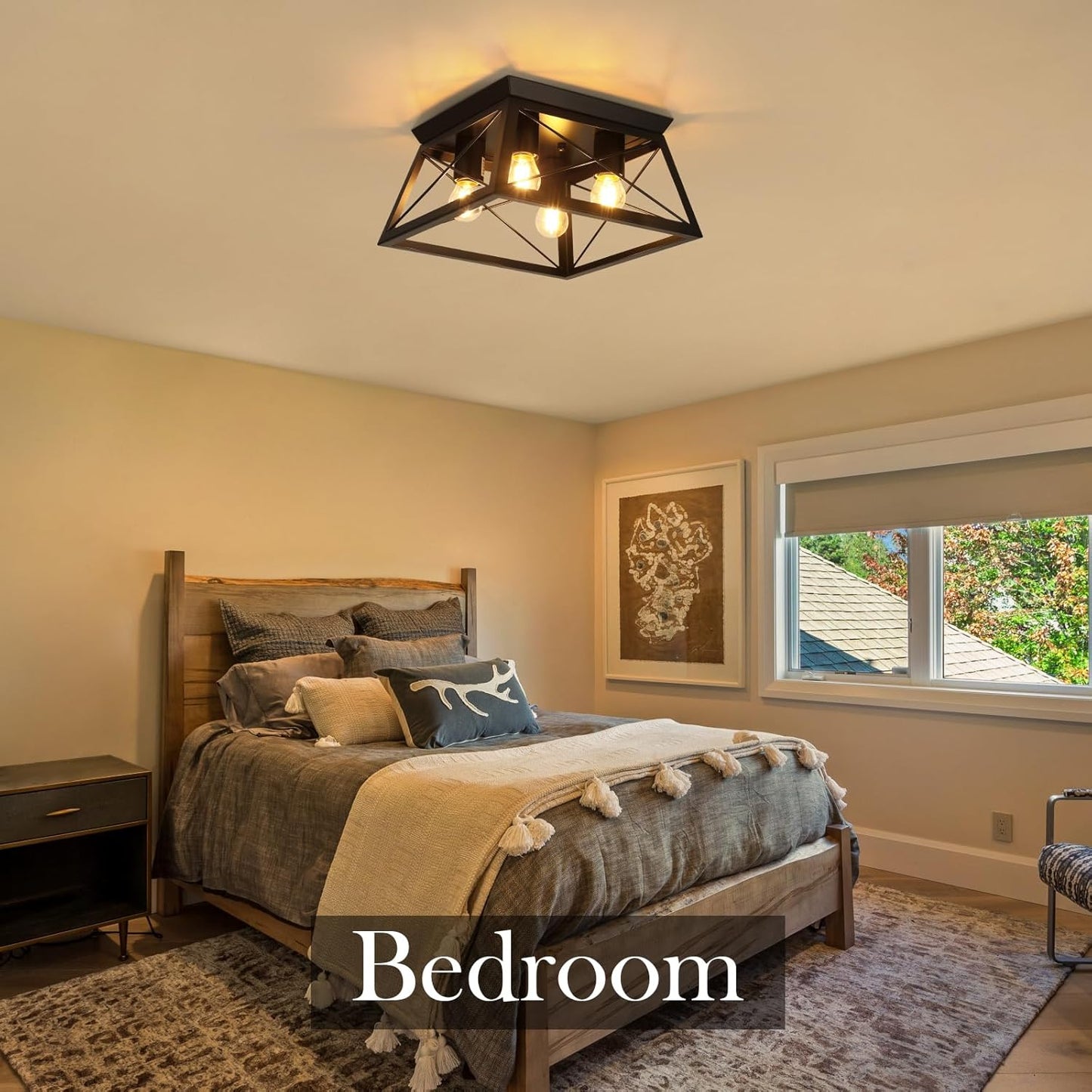 Farmhouse Flush Mount Ceiling Light Oak White Ceiling Light Fixtures 2-Light Industrial Vintage Metal-Framed Ceiling Lighting for Hallway Foyer Kitchen Dining Room Bedroom Living Room Laundry