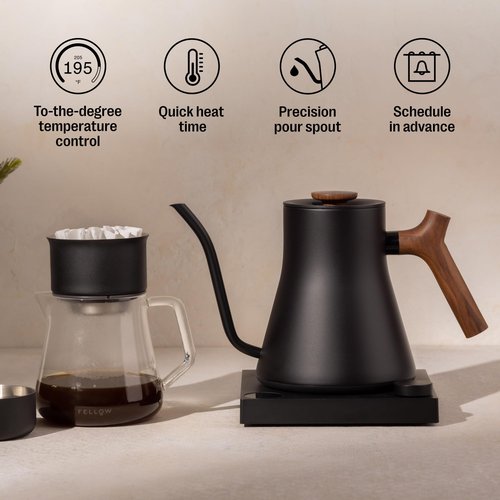 Fellow Stagg EKG Electric Gooseneck Kettle - Pour-Over Coffee and Tea Kettle - Stainless Steel Water Boiler - Quick Heating for Boiling Water - Matte Black With Walnut Handle