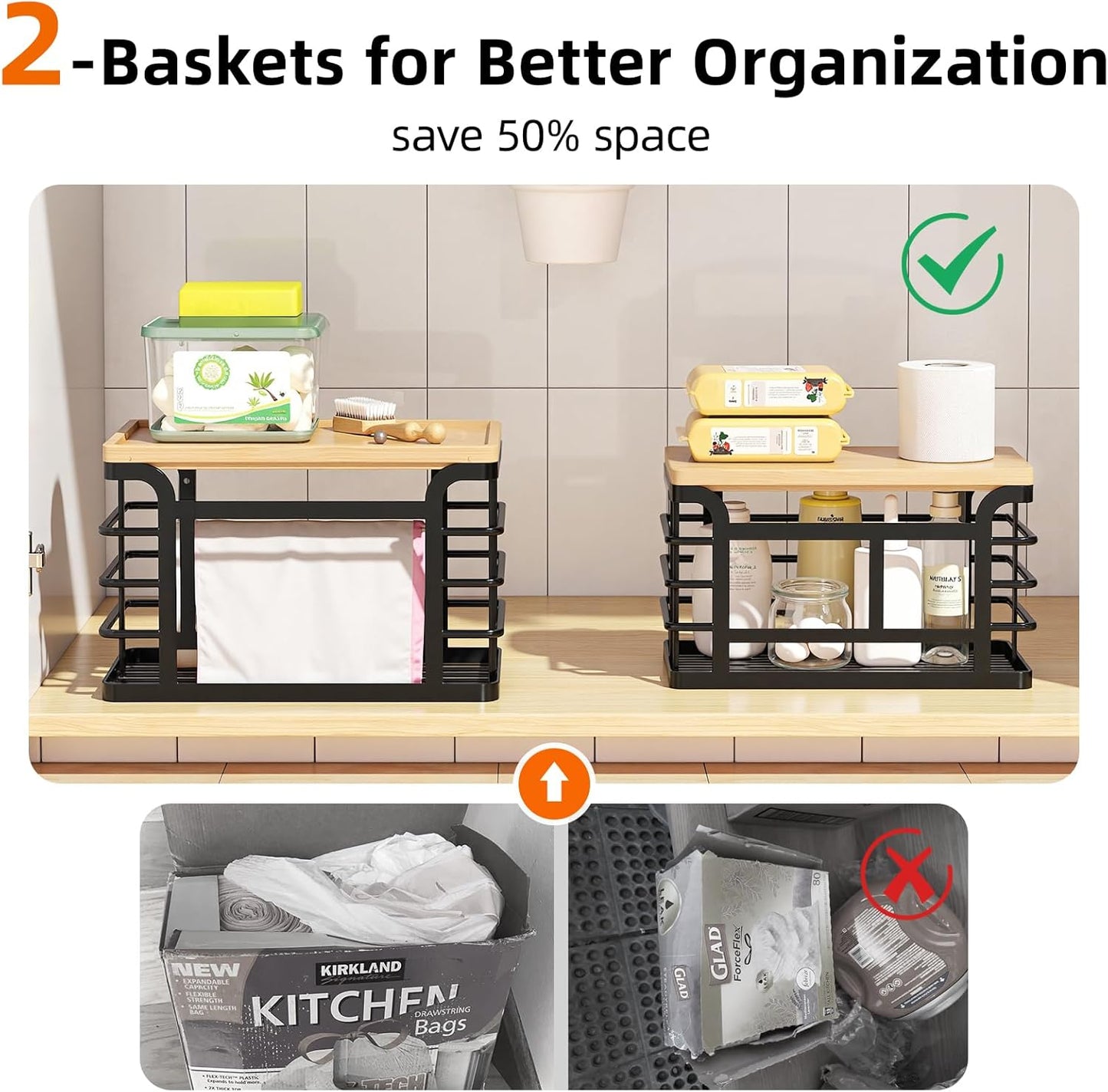 Sevenblue Stackable Trash Bag Holder - Bamboo Top & Adjustable Hooks for Easy Organization | Black