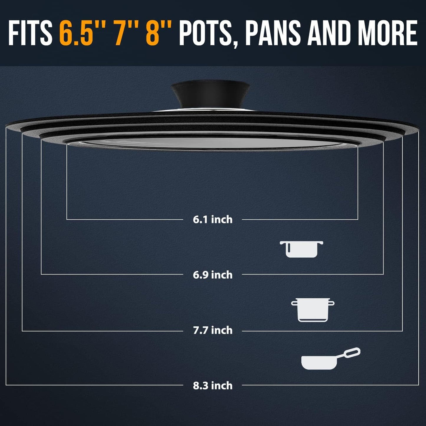 Universal Lid - Tempered Glass Cookware Lid with Heat-Resistant Silicone Rim | Fits 6.5", 7", 8" Pans