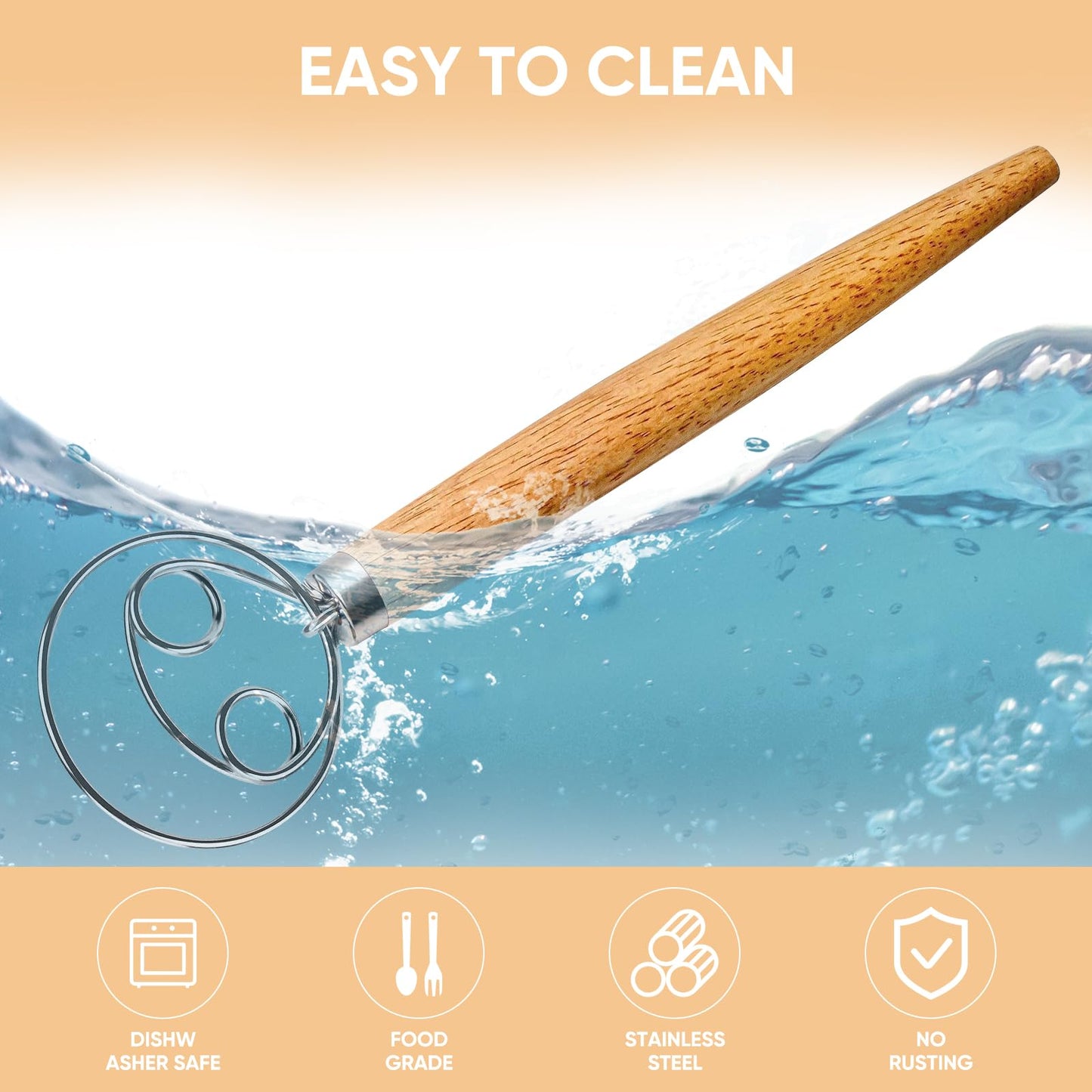Maxjoy Danish Dough Whisk for Bread Sourdough Baking Mixing - Stainless Steel Hook with Wooden Handle