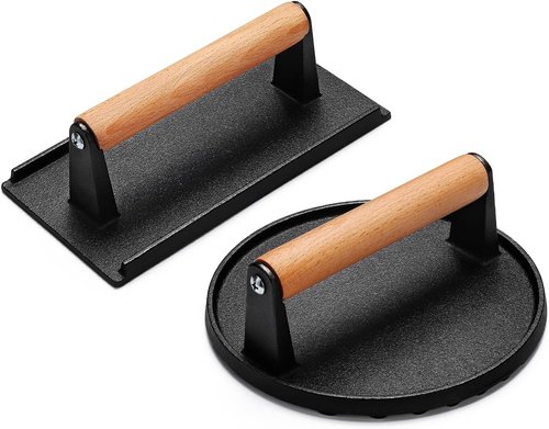AIVIKI Burger Press - Heavy Duty Cast Iron Smash Press for Griddle | 6.9" Round & 8.2"x4.2" Rectangular