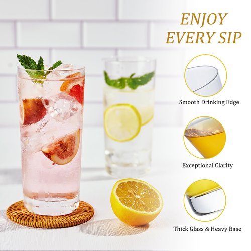 Drinking Glasses Set of 6, 16 oz Tall Drinking Glasses Highball Glassware, Borosilicate Glass Crystal Highball Glasses, Tom Collins Bar Glassware, Water Glass Cups for Cocktail, Mojito Bar Glassware