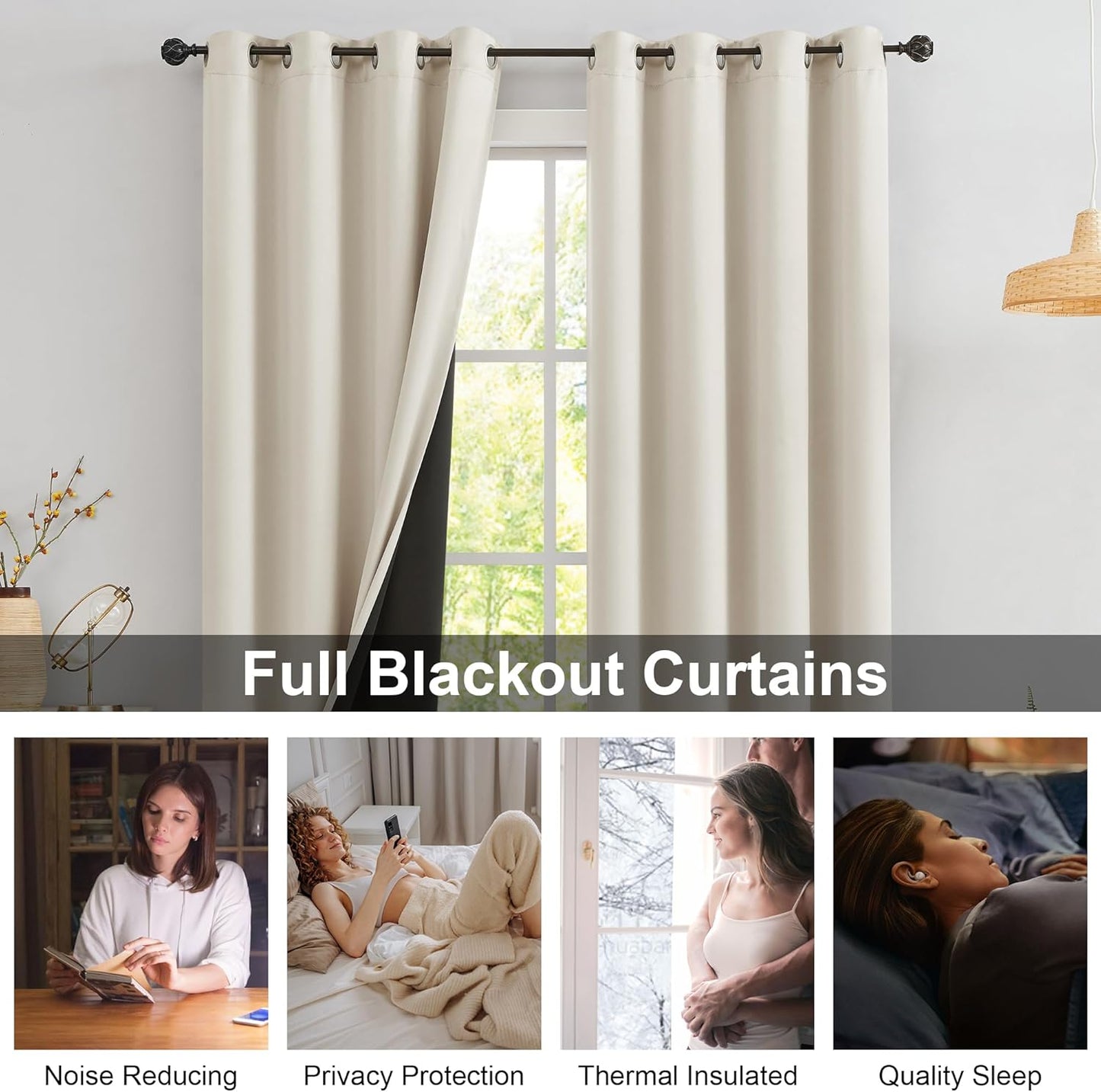 Urban Lotus Ivory Blackout Curtains - Thermal Insulated Room Darkening Drapes | 84" Length, 2 Panels