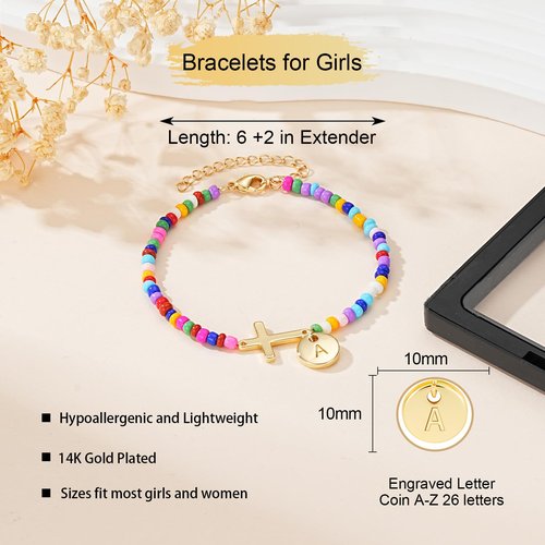 Gnamy Initial Letter A Cross Bracelet for Kids Tween Girls Trendy Stuff Colorful Beaded Bracelets First Communion Confirmation Baptism Christian Birthday Religious Jewelry Presents for Daughter Things