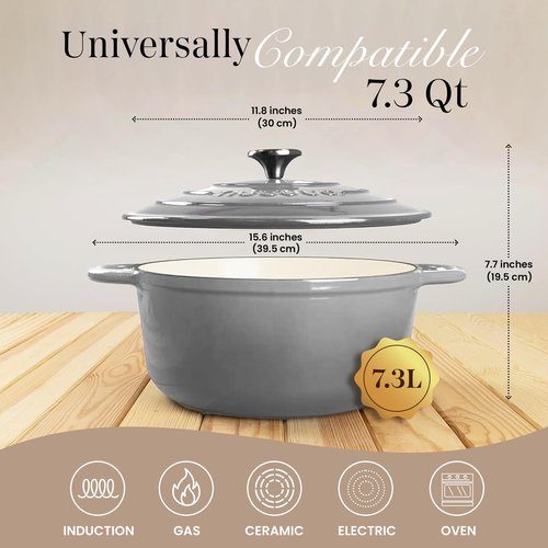 Cast Iron Dutch Oven with Lid – Non-Stick Ovenproof Enamelled Casserole Pot – Sturdy Dutch Oven Cookware – Grey, 7.3-Quart, 30cm – by Nuovva